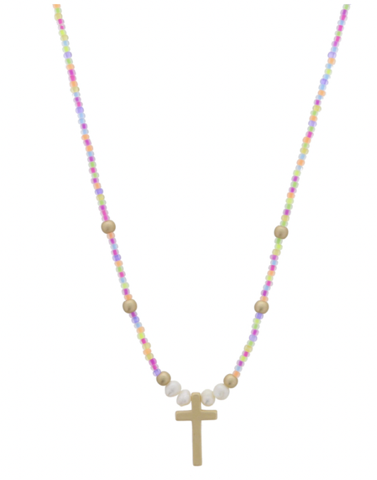 Kids Neon Multi Beaded W/ Gold Cross Necklace
