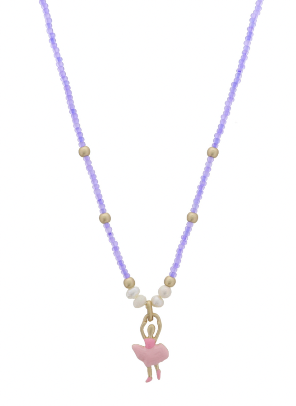 Kids Neon Purple Beaded W/ Pink Ballerina Necklace