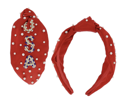 Multi Red,White&Blue Gold Beaded "USA" Headband