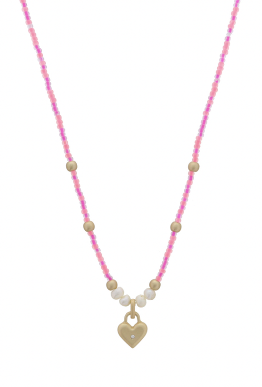 Kids Neon Pink Multi Beaded W/ Gold Heart Pendant Necklace