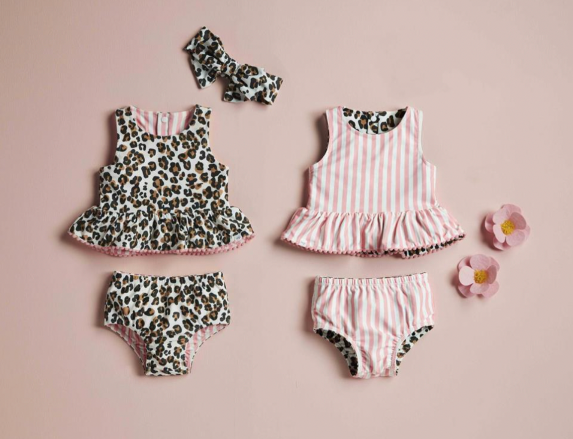 LEOPARD/STRIPE REVERSIBLE SWIMSUIT & HEADBAND SET