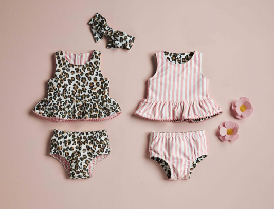 LEOPARD/STRIPE REVERSIBLE SWIMSUIT & HEADBAND SET