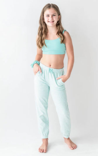 Vintage Aqua Stripe Terry Knit Ruffle Jogger Pants