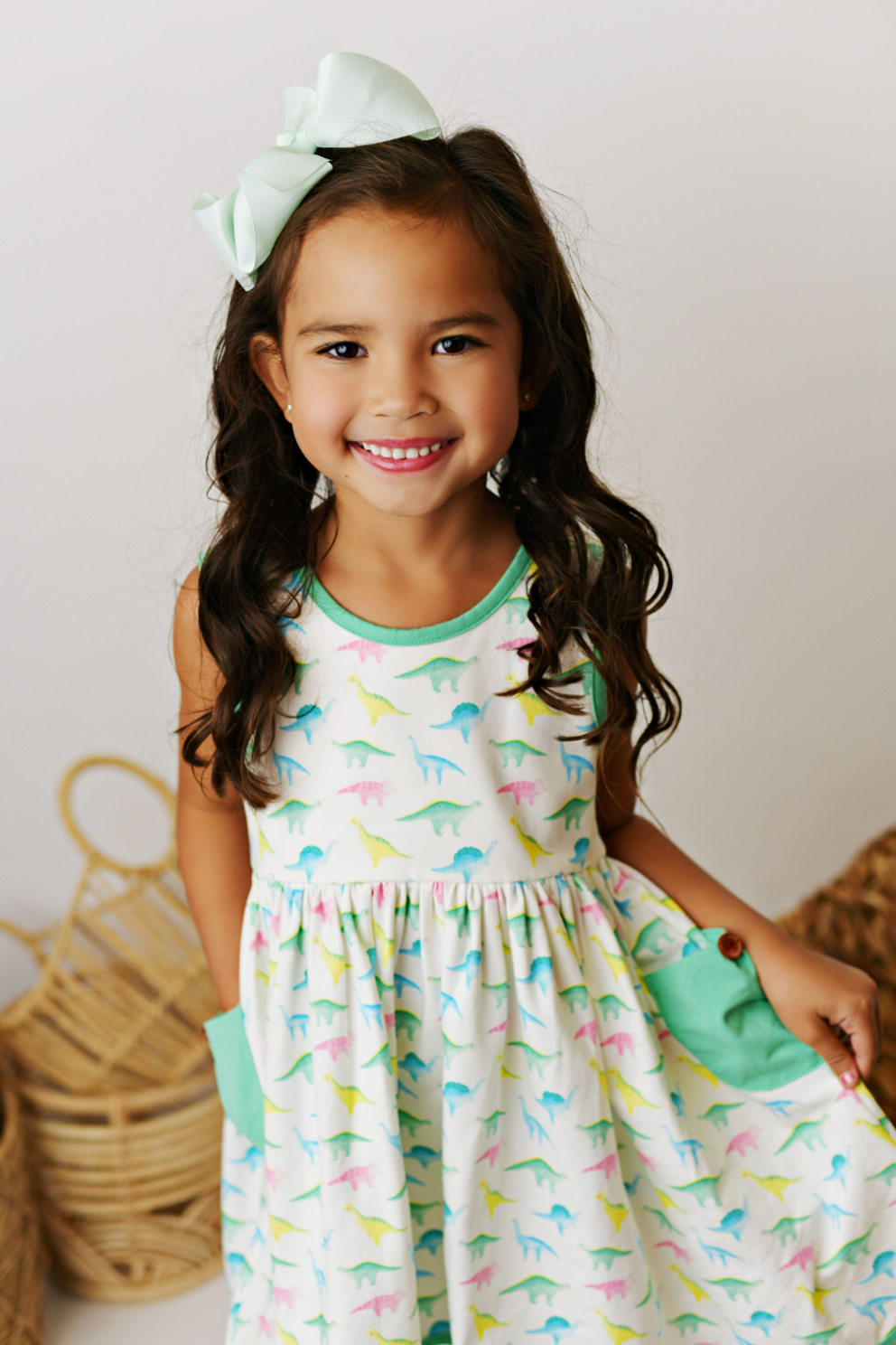 SB Watercolor Dino Peony Bow Pocket Dress