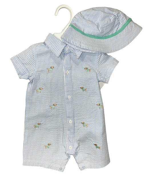 Little Me Seersucker Dog Romper w/Hat Set