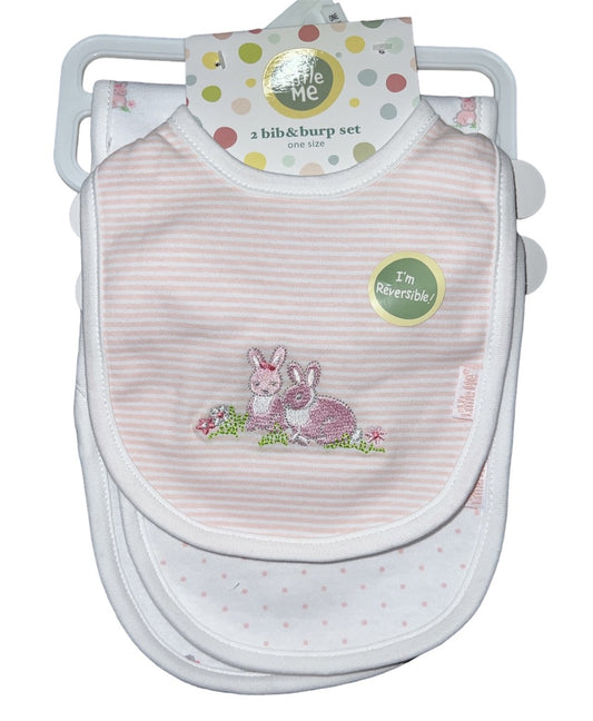 Little Me Set of 2 Pink Bunnies Bib/Burp Set