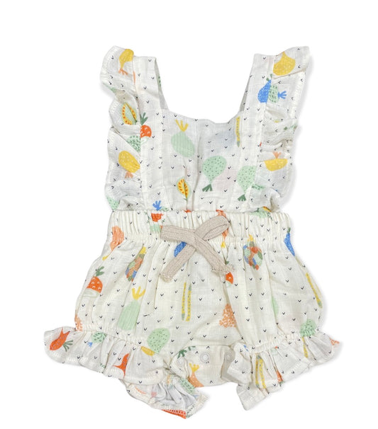 Veggie Salad Ruffled Short Romper w/tie back