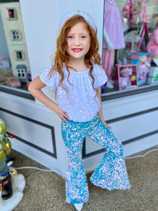 Turquoise Sequin Bell Bottom Pants