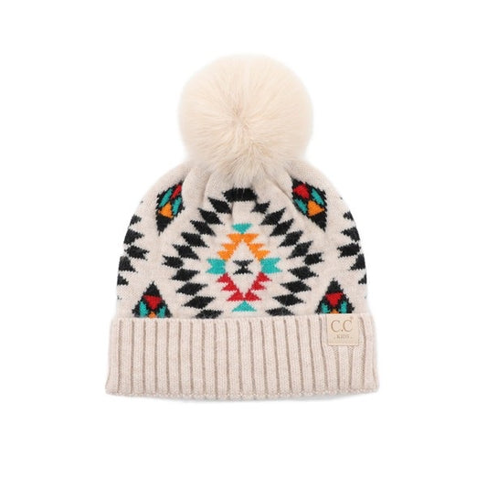 Kids CC Aztec Beanie w/Pom Beige