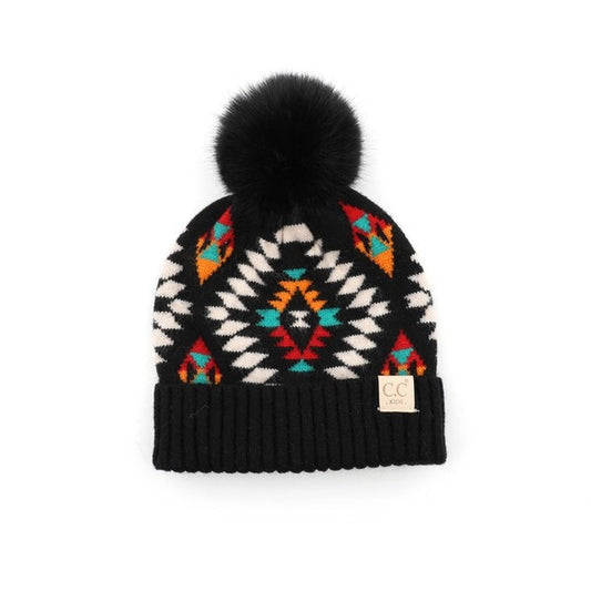 Kids CC Aztec Beanie w/Pom Black