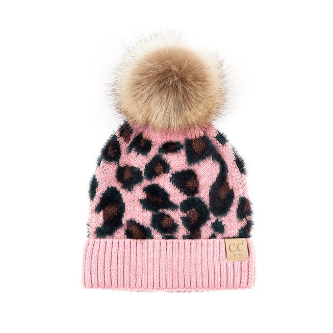 Kids CC Baby Pink Leopard Fur Pom Beanie