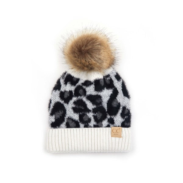 Kids CC Ivory Leopard Fur Pom Beanie