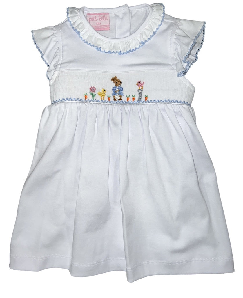 Girls White Knit Smock Rabbit Dress