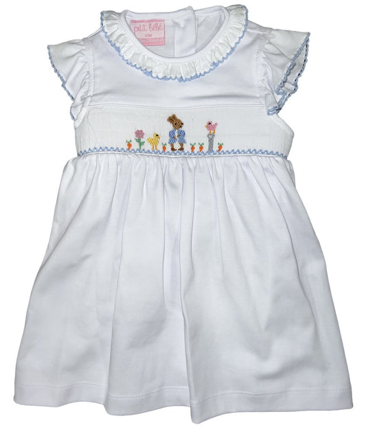 Girls White Knit Smock Rabbit Dress