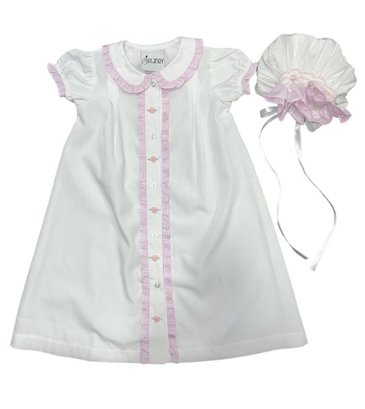 White Button Front Daygown w/Bonnet