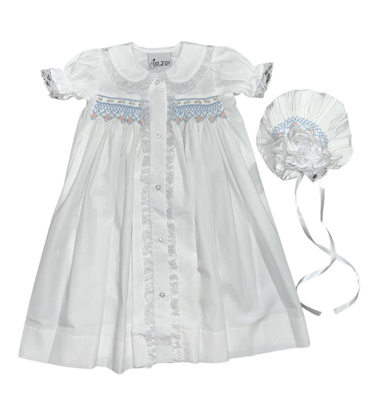 White Smocked Lace Sleeve Gown w/Bonnet