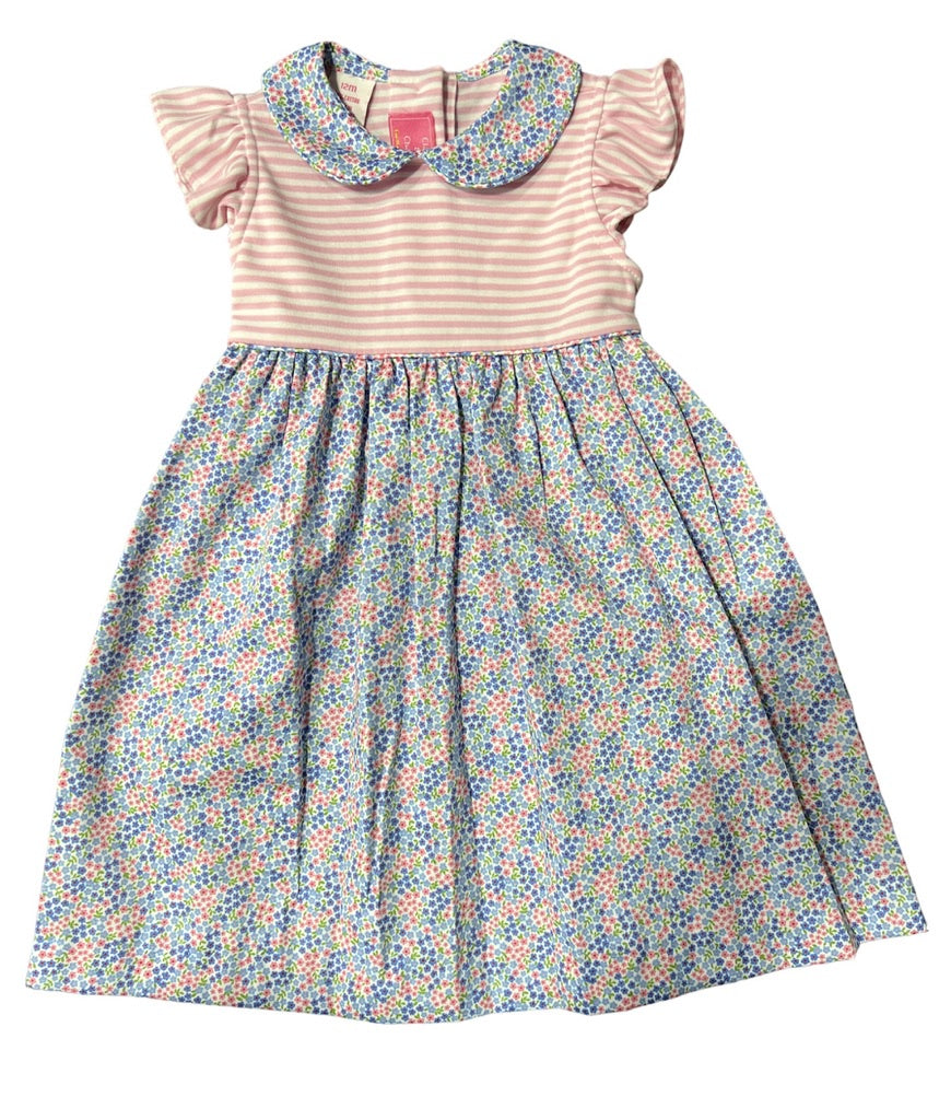 Pink & Blue Floral/Striped Collared Dress