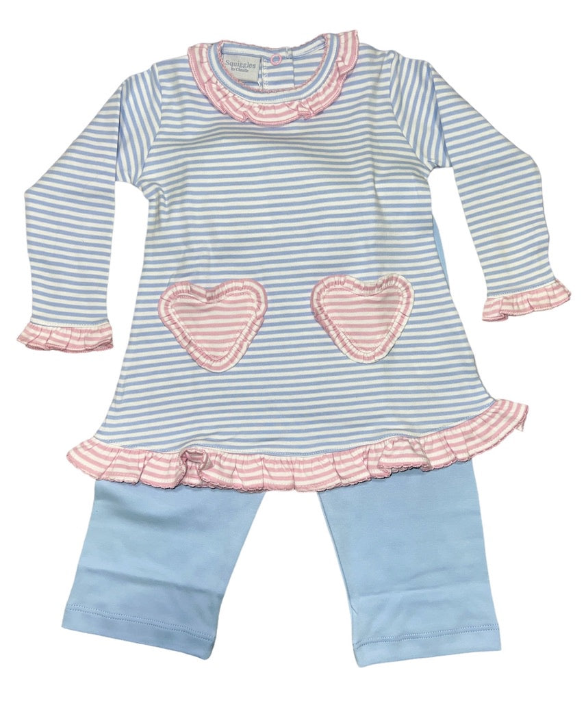 Squiggles Blue Stripe Hearts Ruffle Top w/Leggings