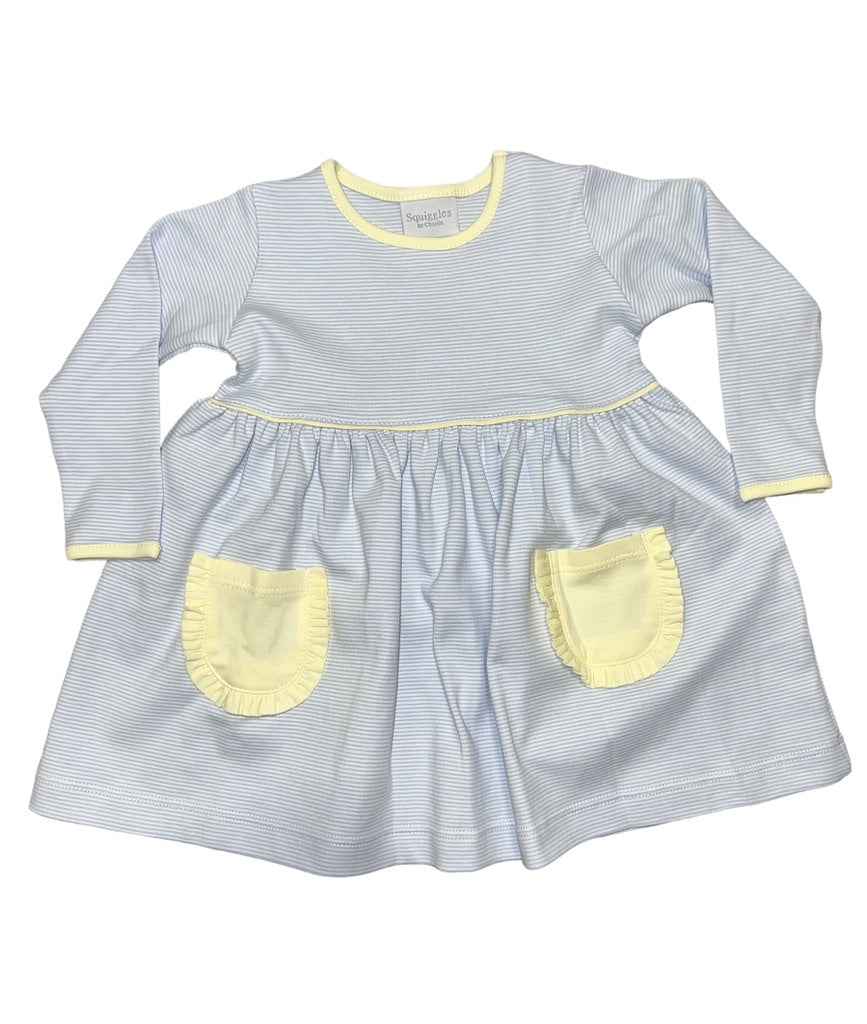 Squiggles Blue Stripe Popover Dress w/Yellow Pockets