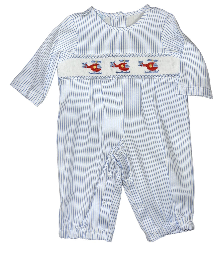 Petit Bebe Blue Stripe Smock Airplane Romper
