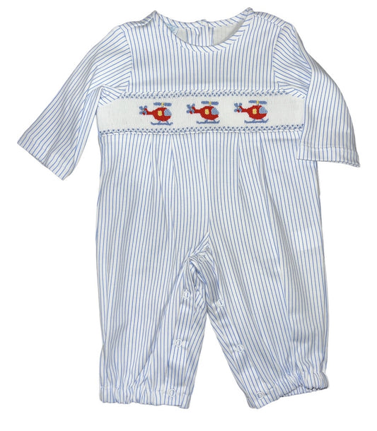 Petit Bebe Blue Stripe Smock Airplane Romper