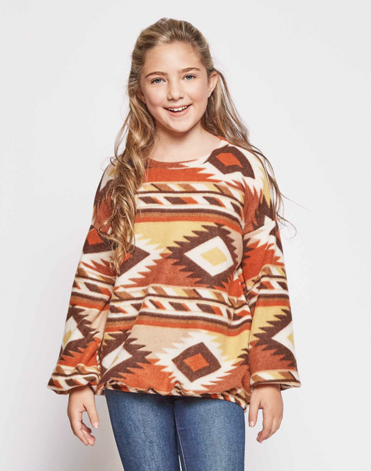 Rust Aztec Print Balloon Sleeve Sweater Top