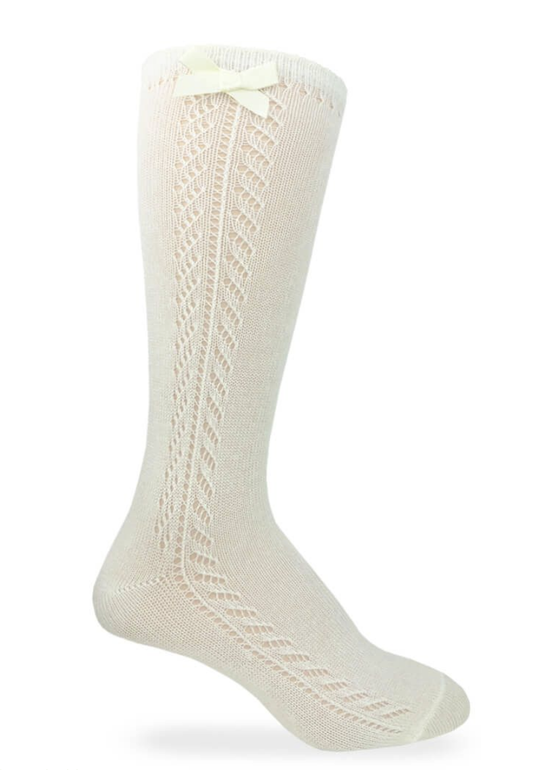 Ivory Pointelle Bow Knee High Socks