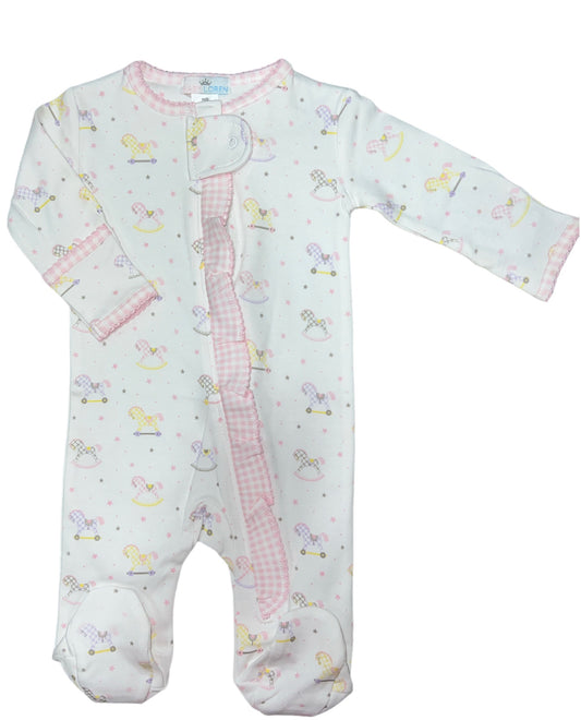 My Sweet Rocking Horse Pima Zipper Footie-PINK