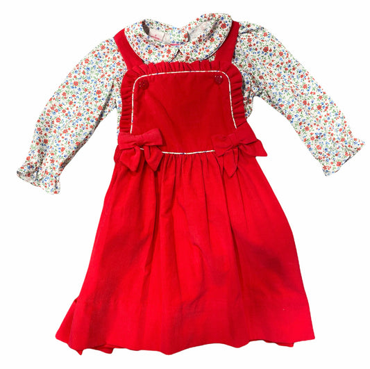 Red Corduroy Cross Back Jumper w/Floral Blouse