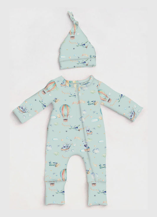 Up in the Air Cloud Soft Baby Zippy Romper with Beanie